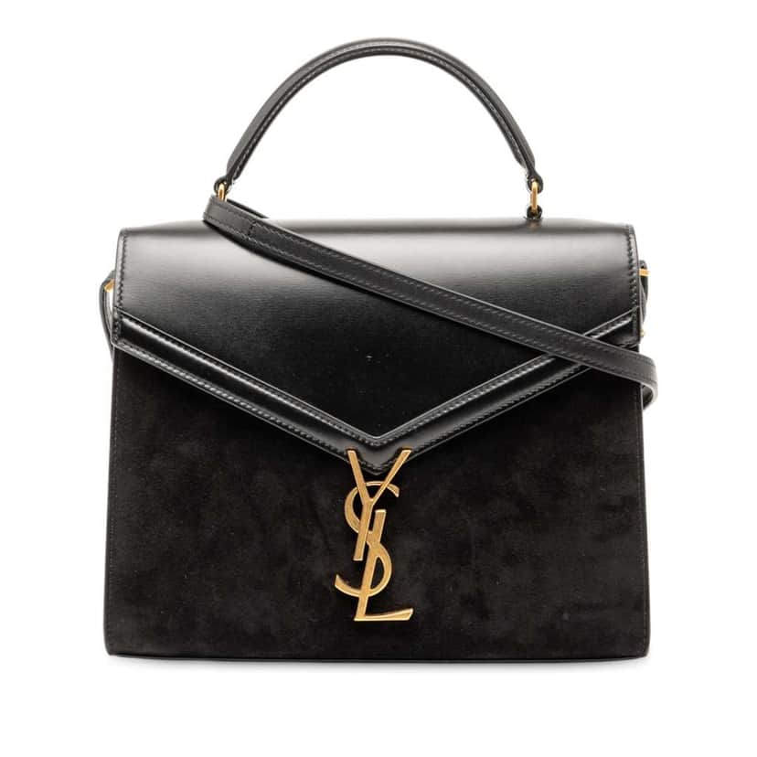 Saint Laurent Medium Calfskin and Suede Classic Monogram Cassandra Top Handle Bag Black Leather Good condition - Front View