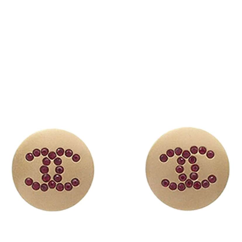 Chanel Gold Plated CC Rhinestone Round Push Back Earrings Gold Metal Good condition - Front View