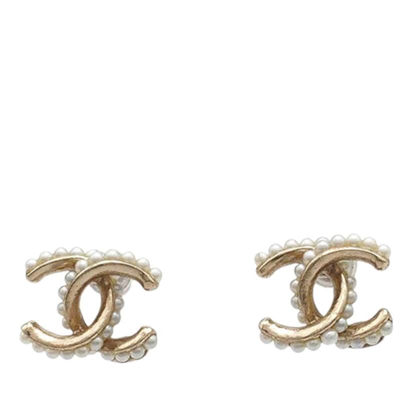 Chanel CC Gold Plated Faux Pearl Bullet Back Earrings Gold Metal Good condition - Front View