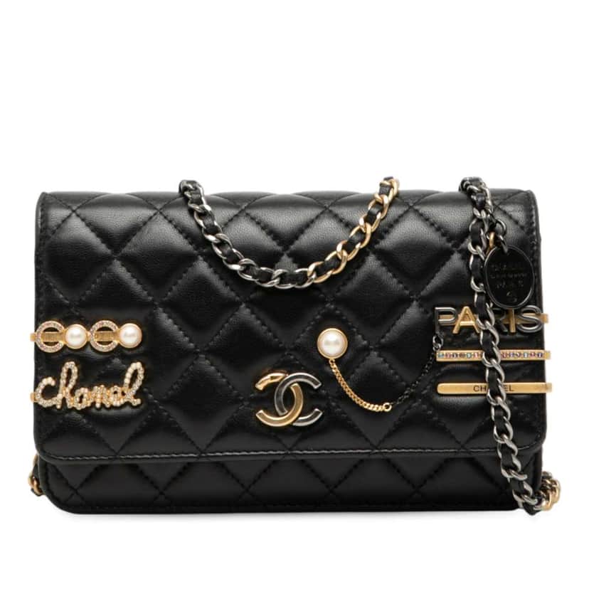 Chanel CC Quilted Lambskin Coco Clips Wallet on Chain Black Leather Very good condition - Front View