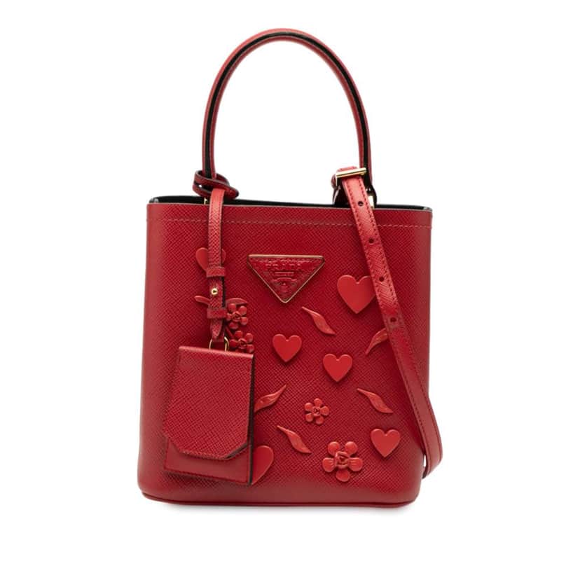 Prada Small Embellished Saffiano Cuir Panier Satchel Red Leather Very good condition - Front View