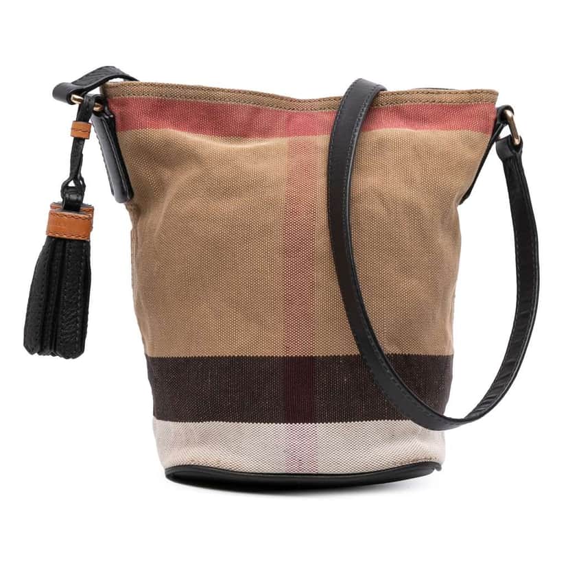 Burberry Mini Mega Check Canvas Ashby Tassel Bucket Bag Brown Canvas Good condition - Front View