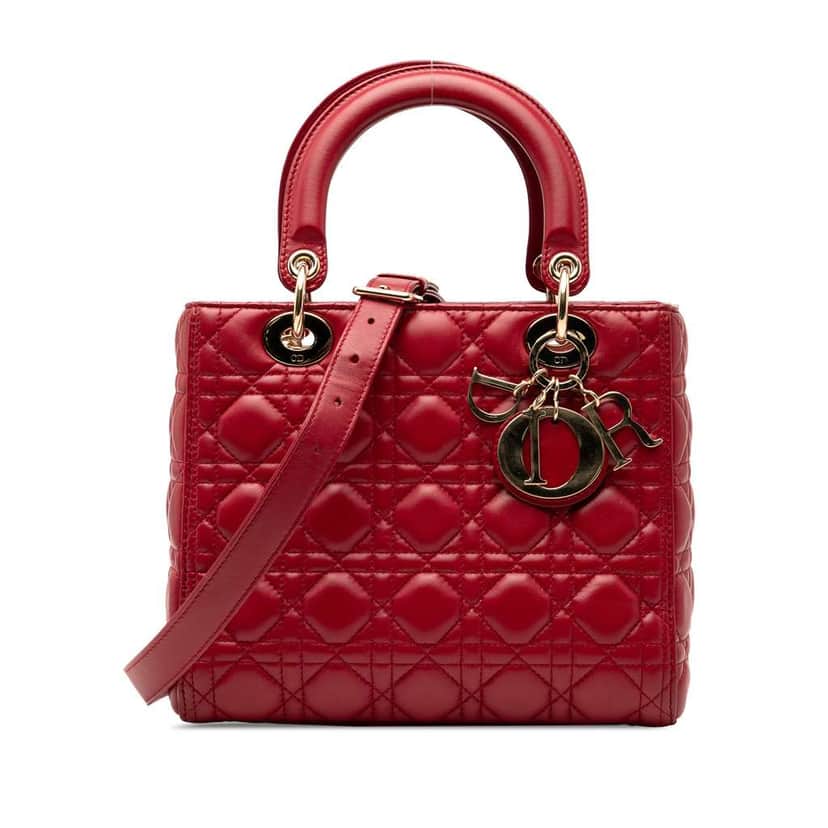 Dior Medium Lambskin Cannage Lady Dior Red Leather Good condition - Front View