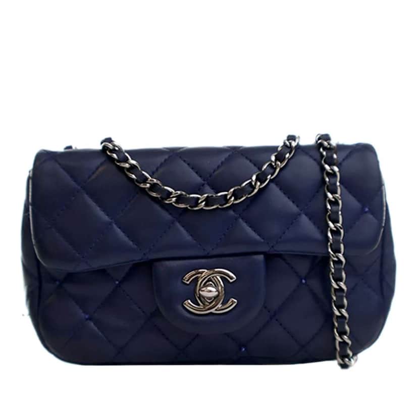 Chanel Mini Rectangular Classic Lambskin Crystal Single Flap Blue Leather Good condition - Front View