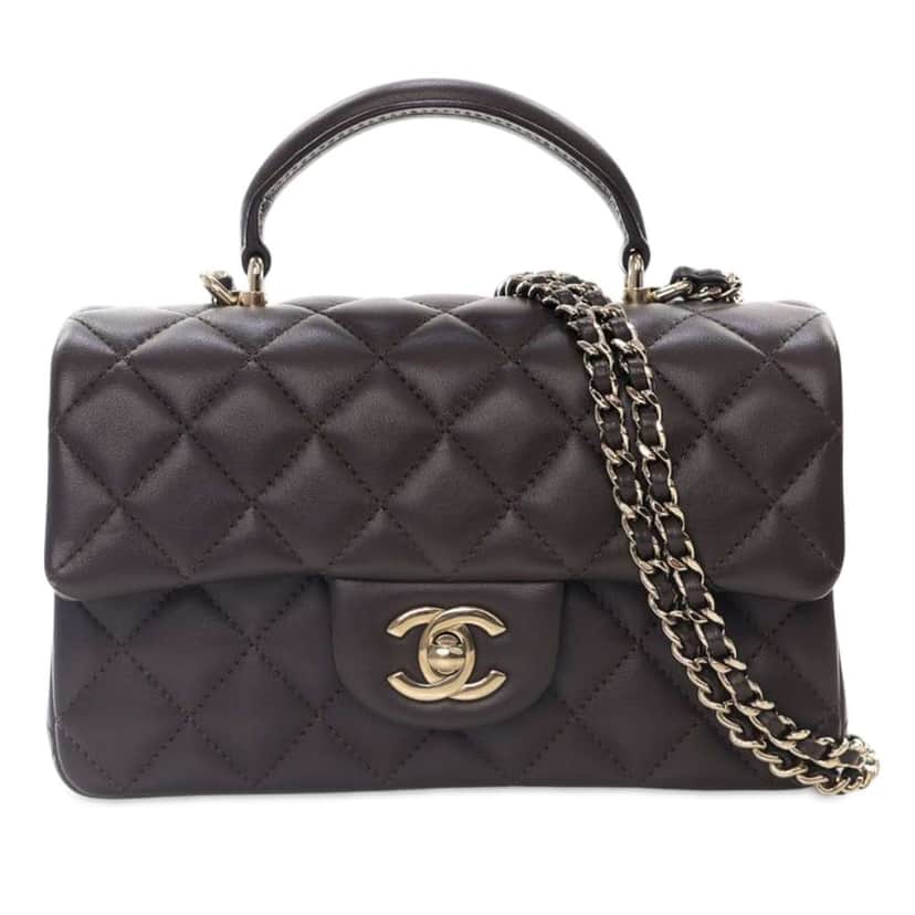 Chanel Mini Rectangular Lambskin Top Handle Flap Brown Leather Good condition - Front View