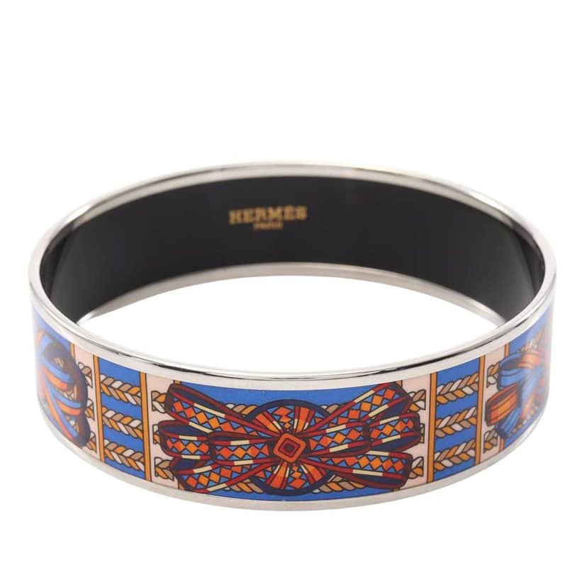 Hermès Wide Sunburst Rubans de Cheval Enamel Bangle 70 Blue Good condition - Front View