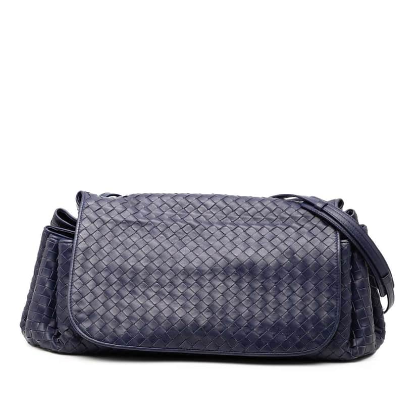 Bottega Veneta Nappa Intrecciato Flap Crossbody Blue Leather Good condition - Front View