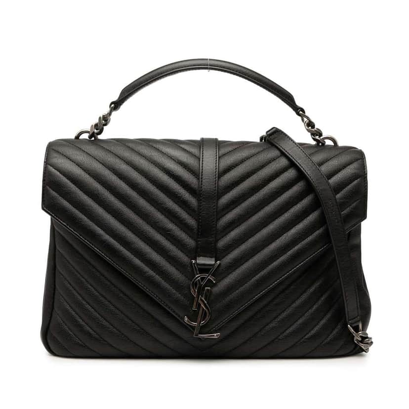 Saint Laurent Large Chevron Sheepskin Monogram College Bag Black Leather Good condition - Front View
