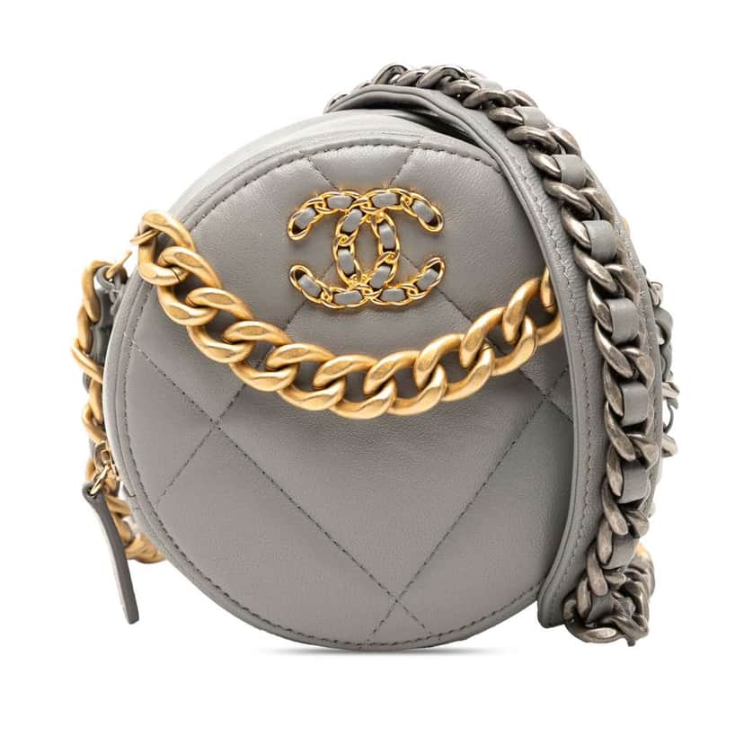 Chanel Lambskin 19 Round Clutch with Chain Grey Leather Good condition - Front View