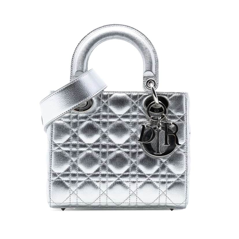 Dior Small Metallic Grained Calfskin Cannage My ABCDior Lady Dior Silver Leather Good condition - Front View