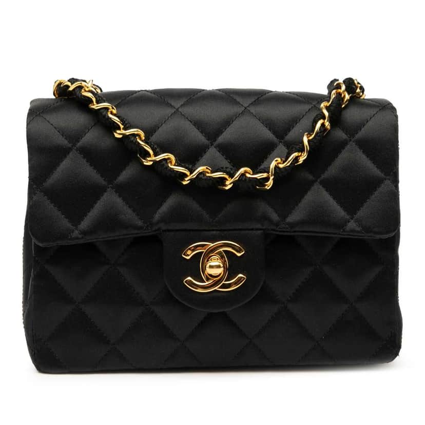 Chanel Mini Square Classic Satin Single Flap Black Satin Good condition - Front View