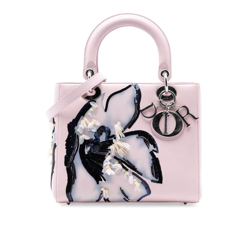Dior Medium Calfskin Sequin Embellished Lady Dior Pink Leather Good condition - Front View