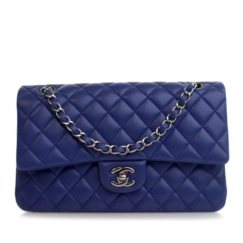 Chanel Medium Classic Lambskin Double Flap Blue Leather Good condition - Front View