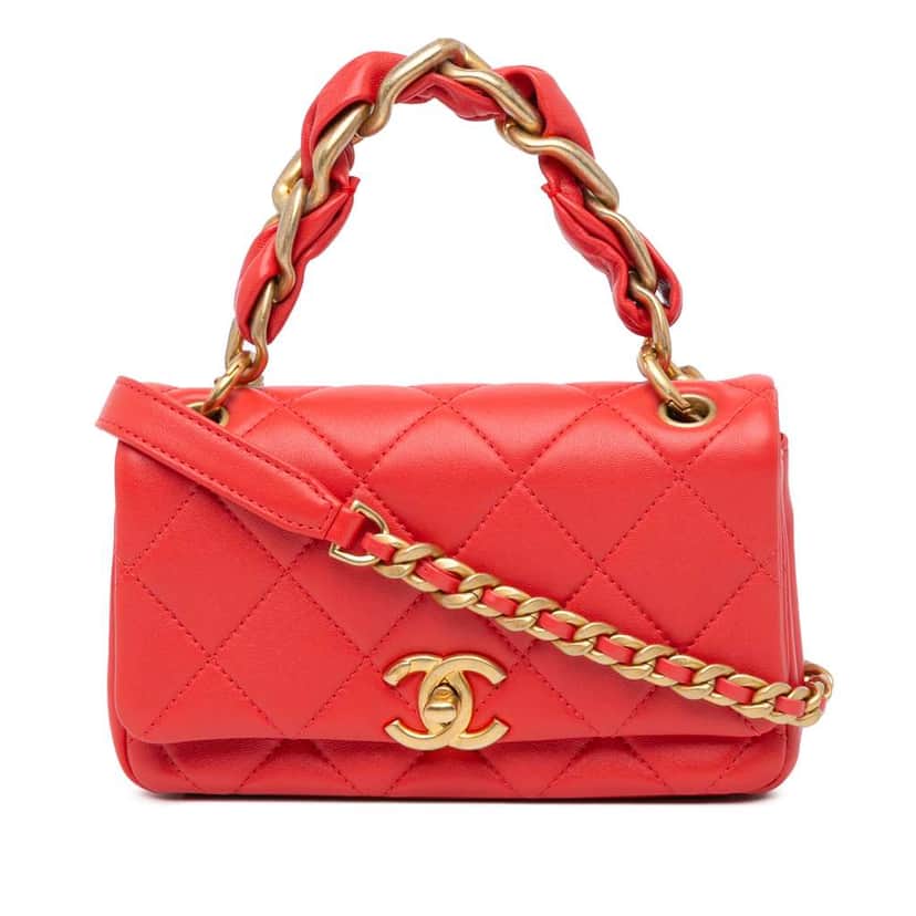 Chanel Small Quilted Lambskin Chain is More Flap Red Leather Good condition - Front View