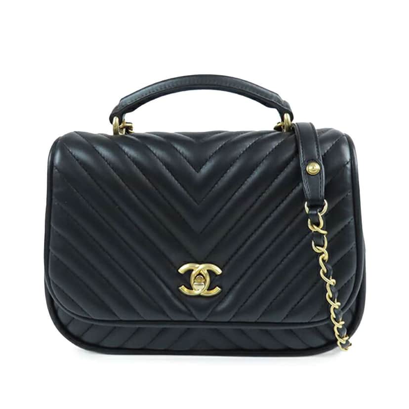 Chanel Medium CC Chevron Lambskin Chain Top Handle Flap Black Leather Good condition - Front View