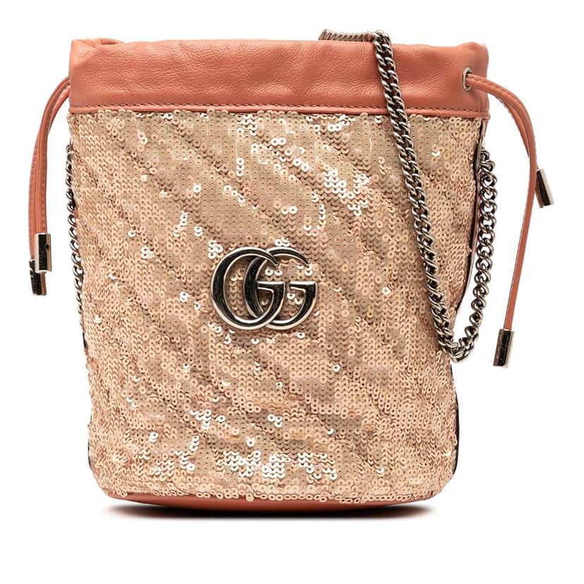 Gucci Small GG Marmont Sequined Diagonal Matelasse Leather Bucket Bag Pink Leather Very good condition - Front View