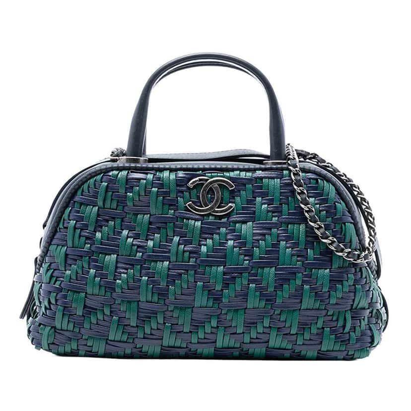 Chanel CC Woven Calfskin Bowling Bag Blue Leather Good condition - Front View