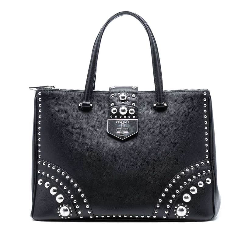 Prada Saffiano Turnlock Double Zip Studded Tote Black Leather Good condition - Front View