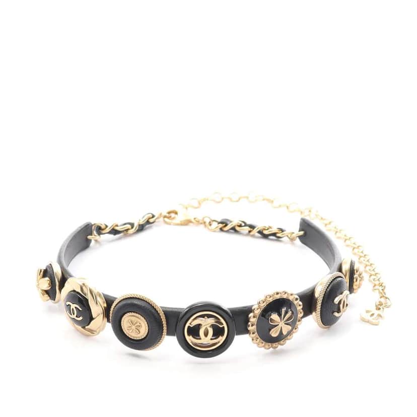 Chanel Gold Plated Leather Lucky Charms Choker Necklace Black Leather Good condition - Front View