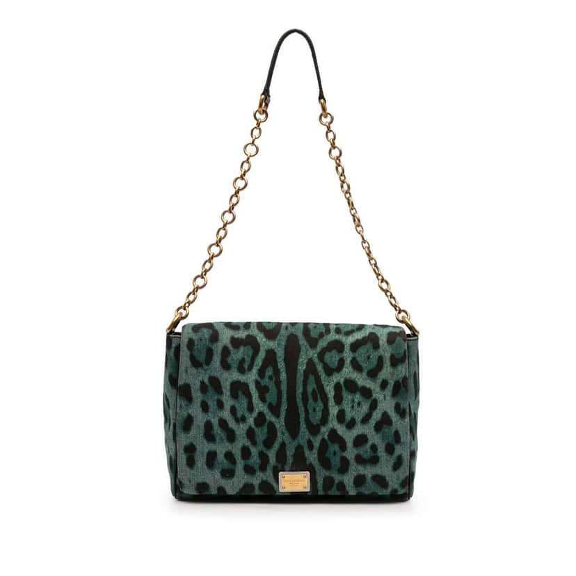 Dolce & Gabbana Leopard Printed Denim Flap Crossbody Green Denim Good condition - Front View