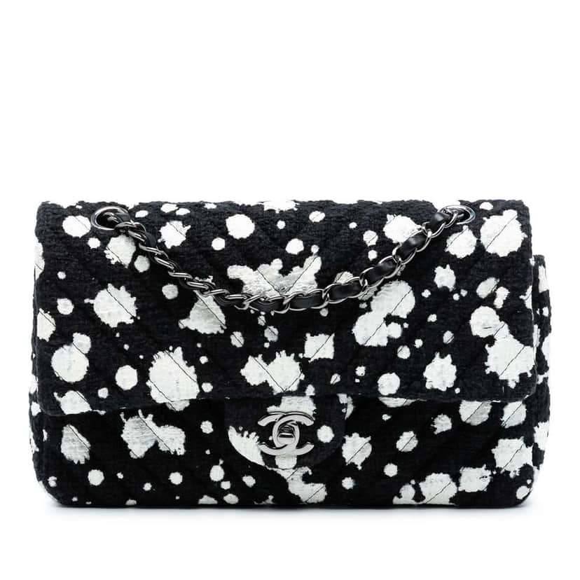 Chanel Medium Chevron Tweed Paint Splatter Double Flap Black Tweed Good condition - Front View