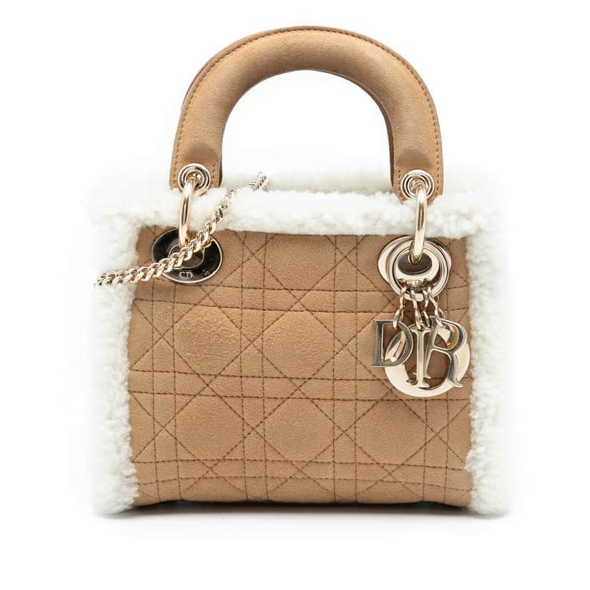 Dior Mini Suede Cannage with Shearling Trim Lady Dior Brown Leather Good condition - Front View
