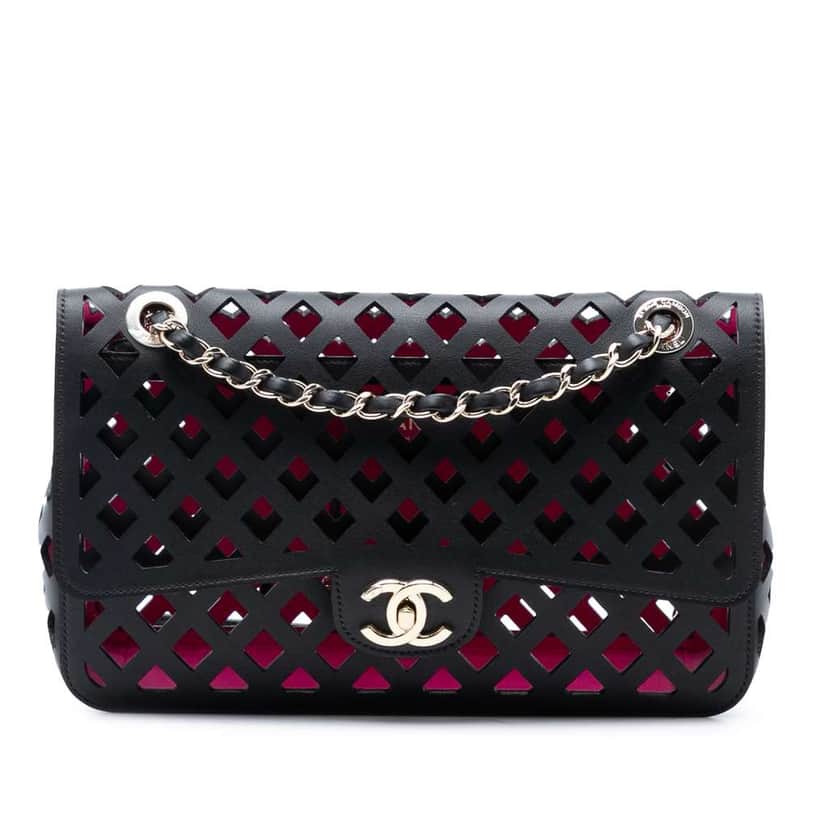 Chanel Large Perforated Calfskin See Through Flap Black Leather Very good condition - Front View