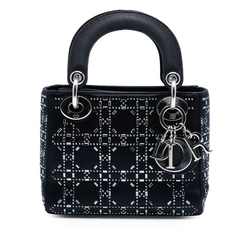 Dior Mini Satin Cannage Strass Crystal Embellished Lady Dior Black Satin Very good condition - Front View
