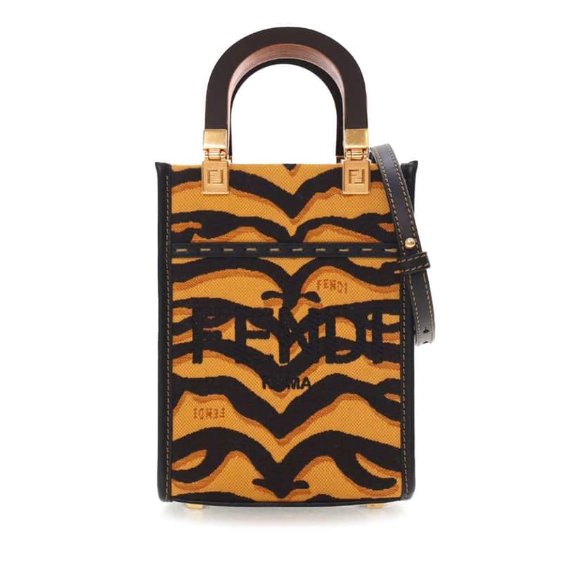 Fendi Mini Embroidered Canvas Zebra Print Sunshine Shopper Tote Brown Canvas Good condition - Front View