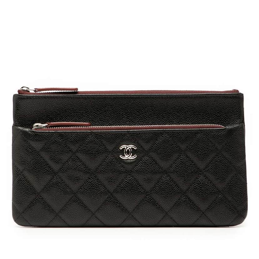Chanel Quilted Caviar Double Zip Cosmetic Case Black Leather Good condition - Front View