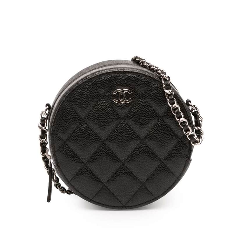 Chanel CC Quilted Caviar Round Clutch With Chain Black Leather Good condition - Front View