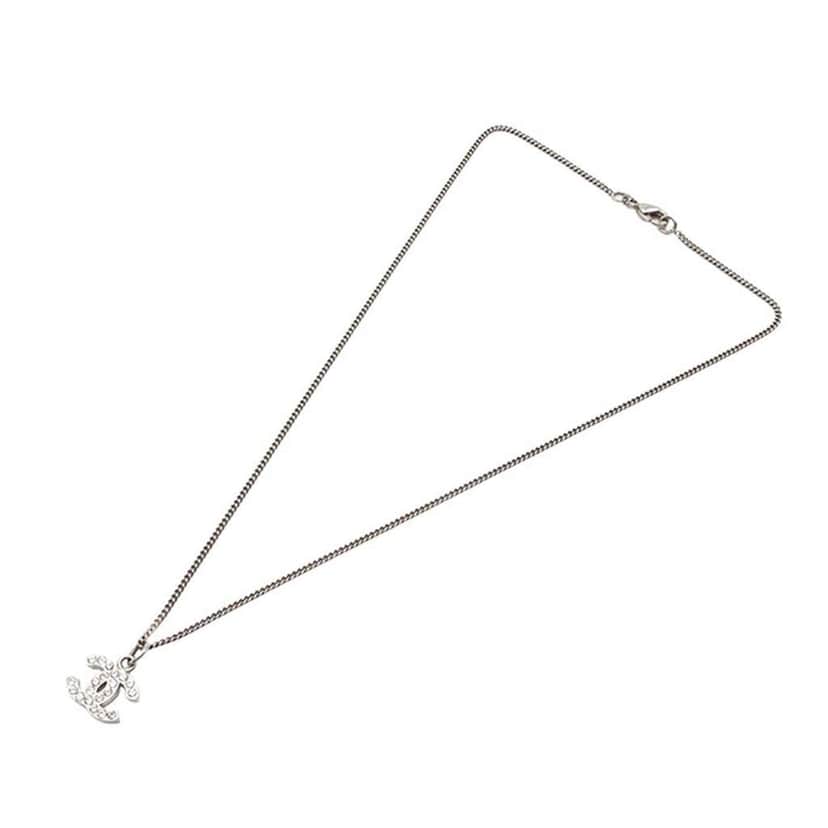 Chanel CC Silver Rhinestones Pendant Necklace Silver Silver Good condition - Front View