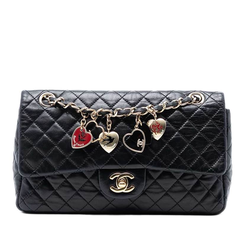 Chanel Medium Classic Lambskin Valentines Heart Charms Single Flap Black Leather Good condition - Front View