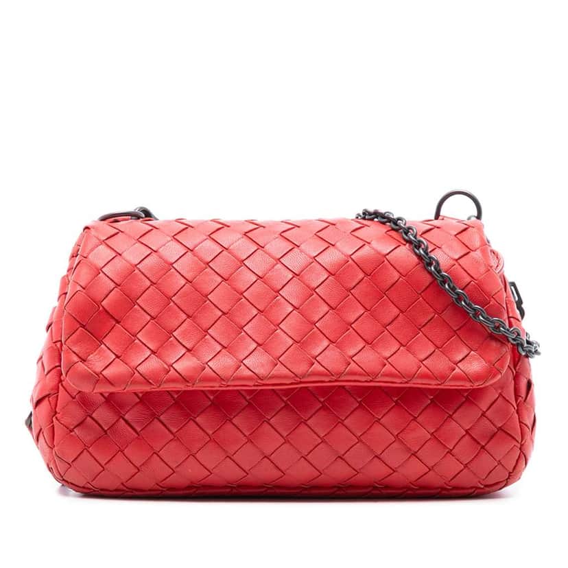 Bottega Veneta Mini Nappa Intrecciato Expandable Chain Flap Crossbody Red Leather Very good condition - Front View