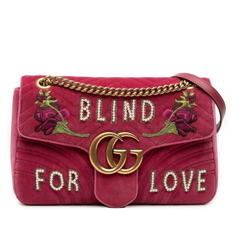 Gucci Large GG Marmont Matelasse Velvet Embroidered Blind For Love Shoulder Bag Pink Velvet Good condition - Front View