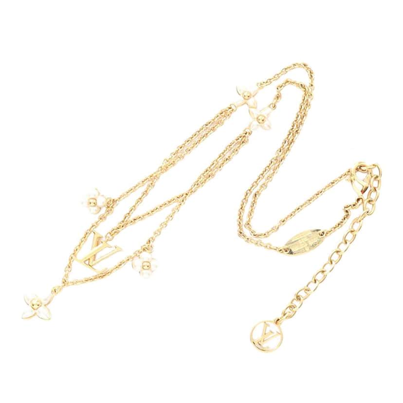 Louis Vuitton Gold Plated Faux Pearl LV Floragram Necklace Gold Metal Good condition - Front View