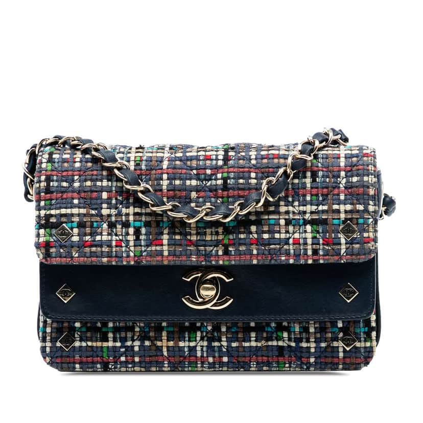 Chanel Mini CC Quilted Mixed Fibers and Lambskin Double Flap Blue Polyester Good condition - Front View