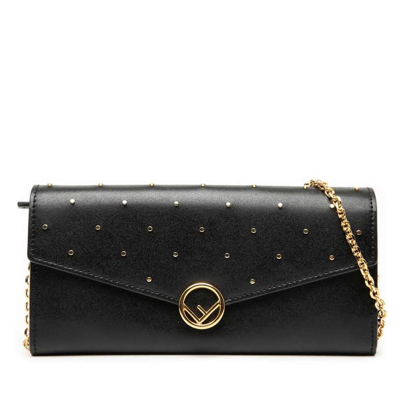 Fendi Studded Leather F is Fendi Continental Envelope Wallet On Chain Black Leather Good condition - Front View