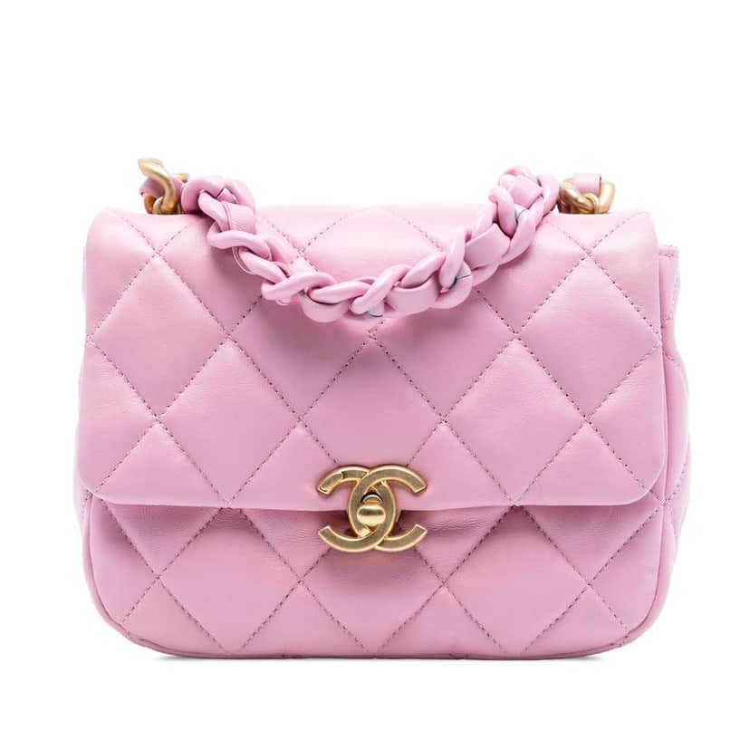 Chanel Mini Quilted Lambskin Lacquered Chain Flap Pink Leather Good condition - Front View