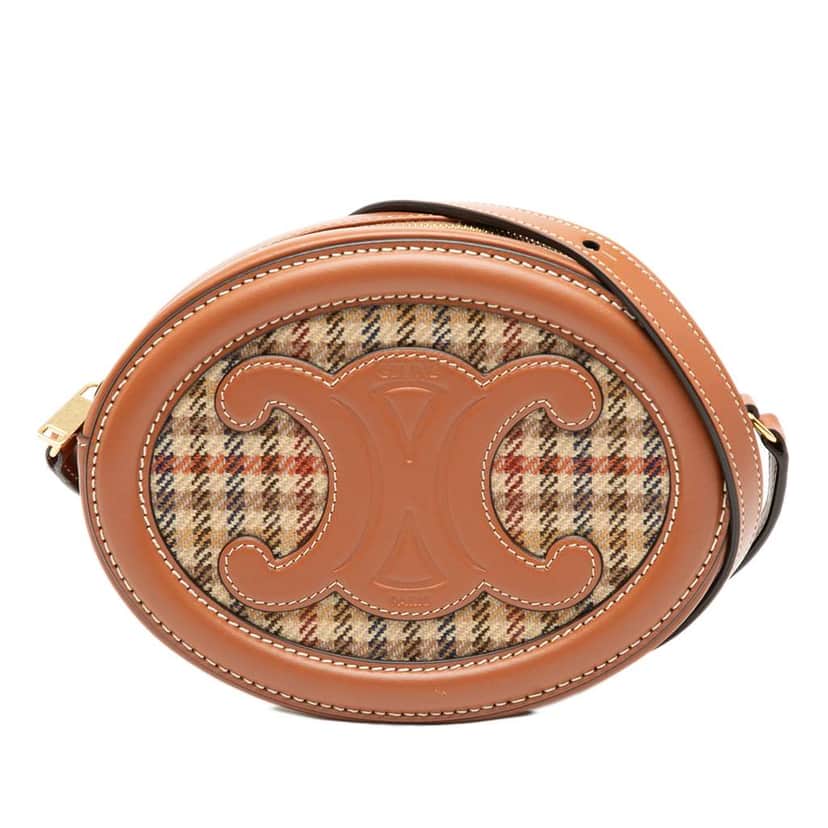 Celine Small Houndstooth Canvas and Calfskin Cuir Triomphe Oval Crossbody Brown Leather Good condition - Front View