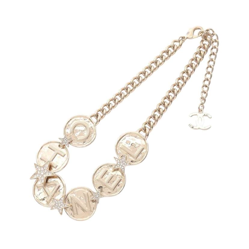 Chanel Gold Plated Crystal Star and Logo Pendant Necklace Gold Metal Good condition - Front View