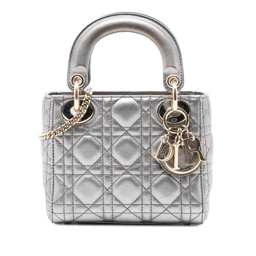 Dior Mini Metallic Lambskin Cannage Lady Dior Silver Leather Good condition - Front View