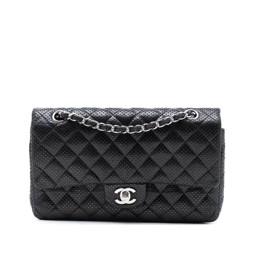 Chanel Medium Classic Perforated Lambskin Double Flap Black Leather Very good condition - Front View