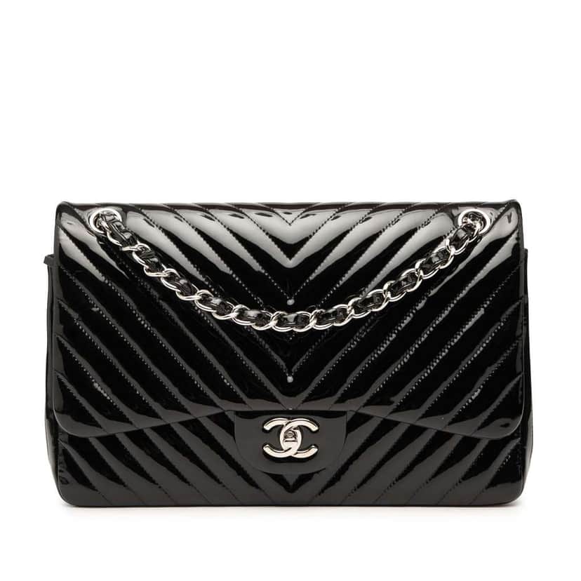 Chanel Jumbo Classic Chevron Patent Double Flap Black Leather Very good condition - Front View