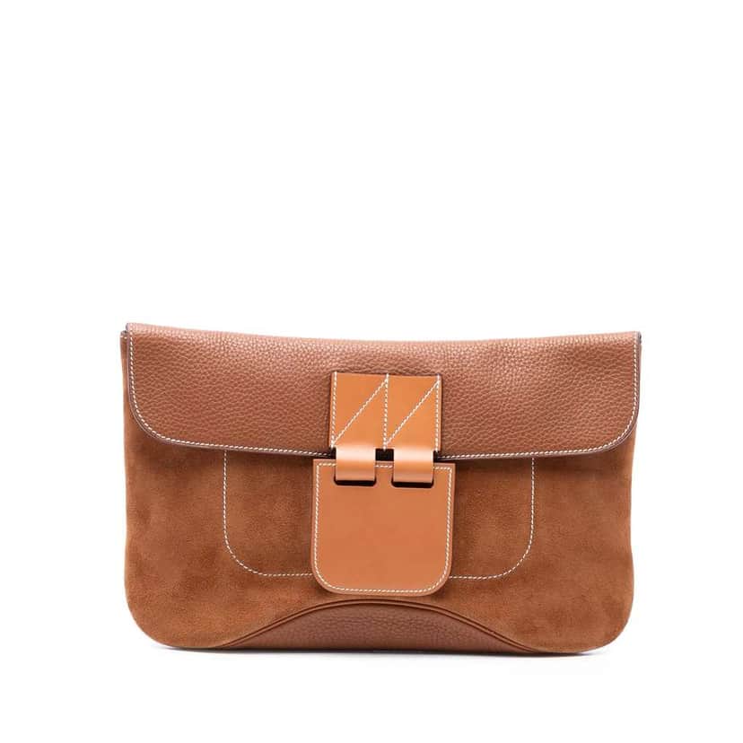 Hermès Doblis and Swift Clemence Virevolte Clutch 35 Brown Leather Good condition - Front View
