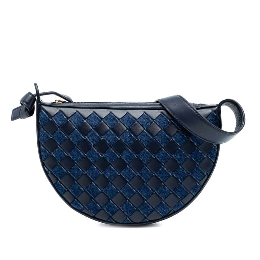 Bottega Veneta Mini Leather and Denim Intrecciato Sunrise Hobo Blue Leather Good condition - Front View