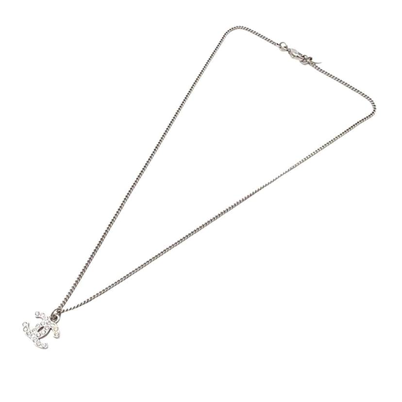 Chanel CC Silver Plated Rhinestones Pendant Necklace Silver Metal Good condition - Front View