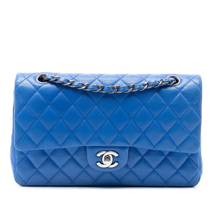 Chanel Medium Classic Caviar Double Flap Blue Leather Good condition - Front View
