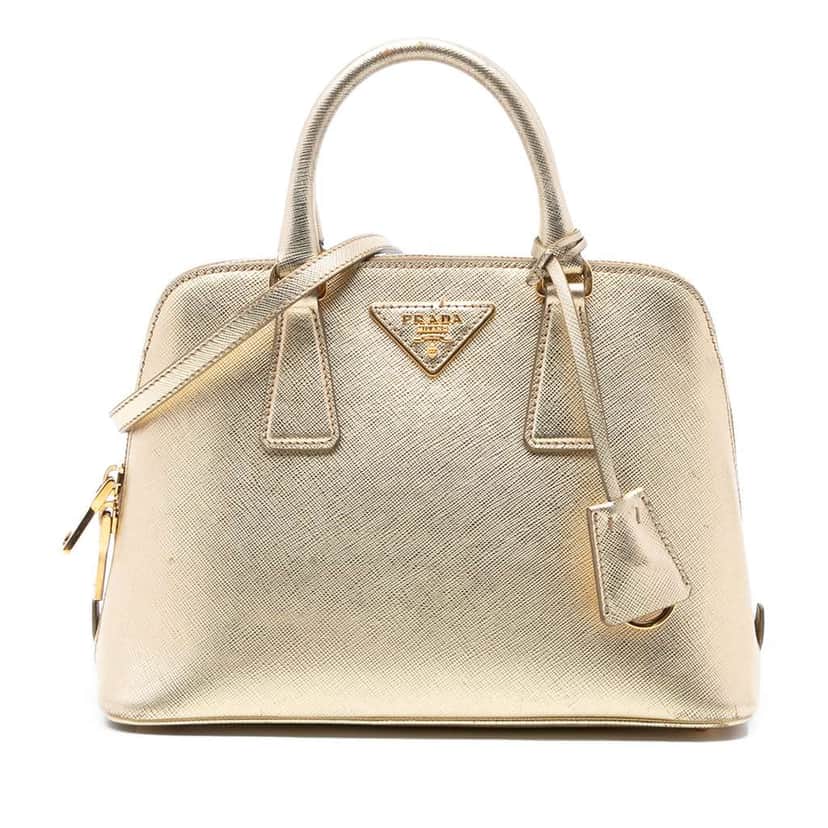 Prada Small Saffiano Lux Promenade Satchel Gold Leather Good condition - Front View