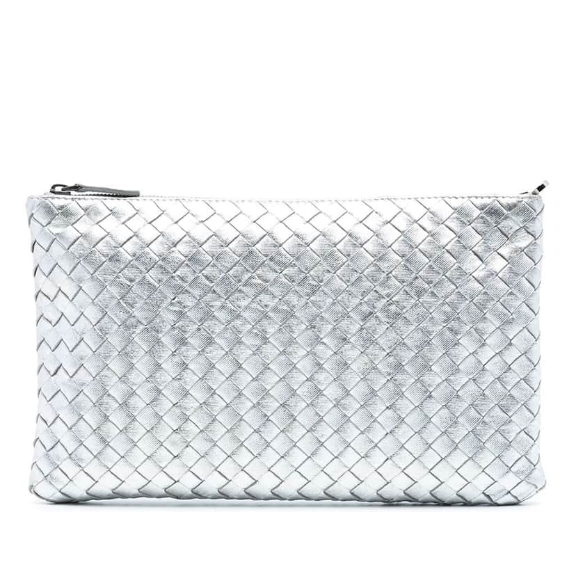 Bottega Veneta Metallic Leather Intrecciato Clutch Silver Leather Good condition - Front View